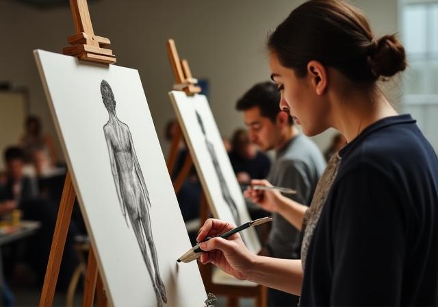 Adults sketching from a live model at a life drawing workshop in Dublin